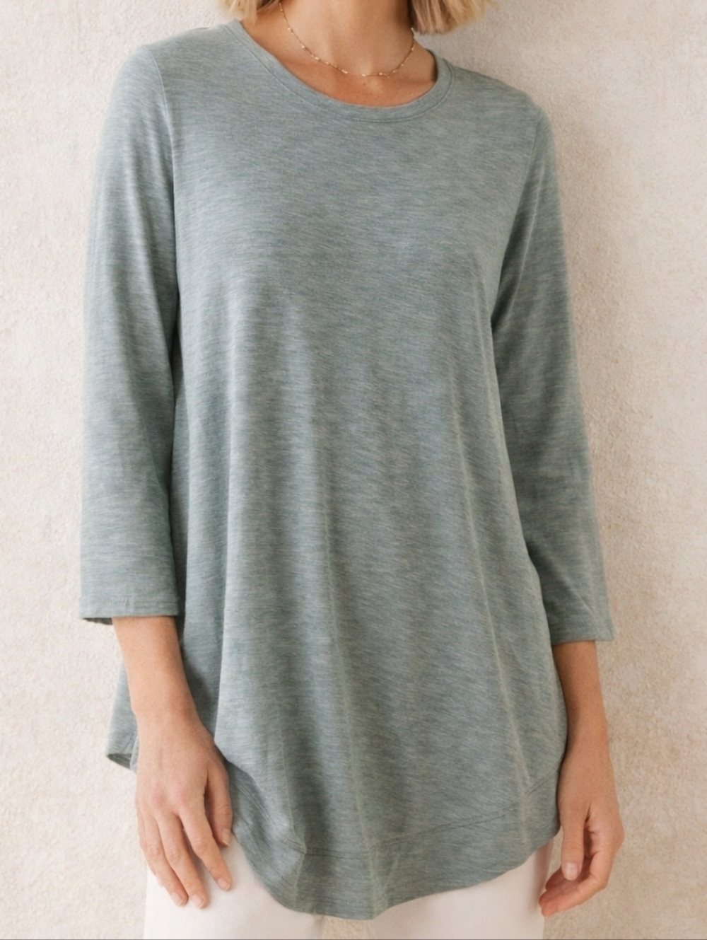 Sigrid Olsen Peru Soft Knit Tunic Top Sage Green Relaxed Fit 3/4 Sleeve Large